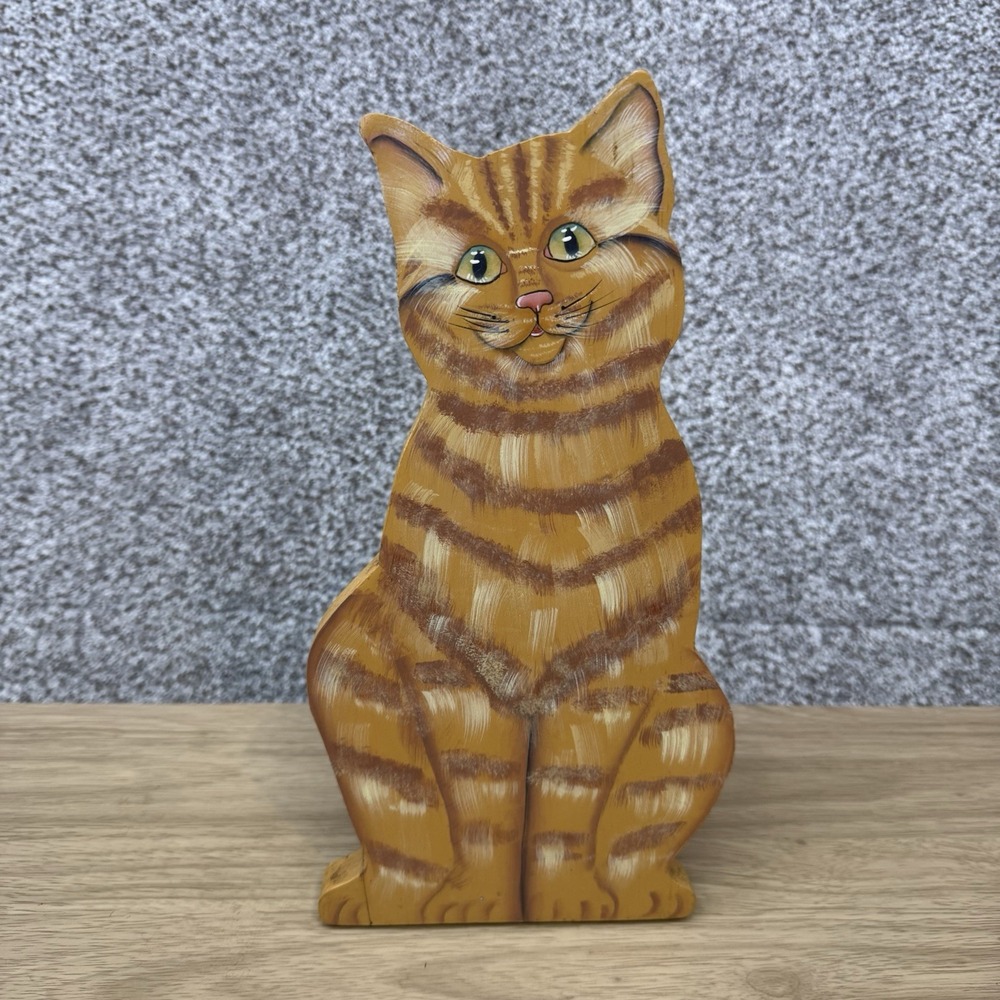13 inch Hand Carved Painted Wooden Orange Tabby Cat Sculpture Folk Art Figurine